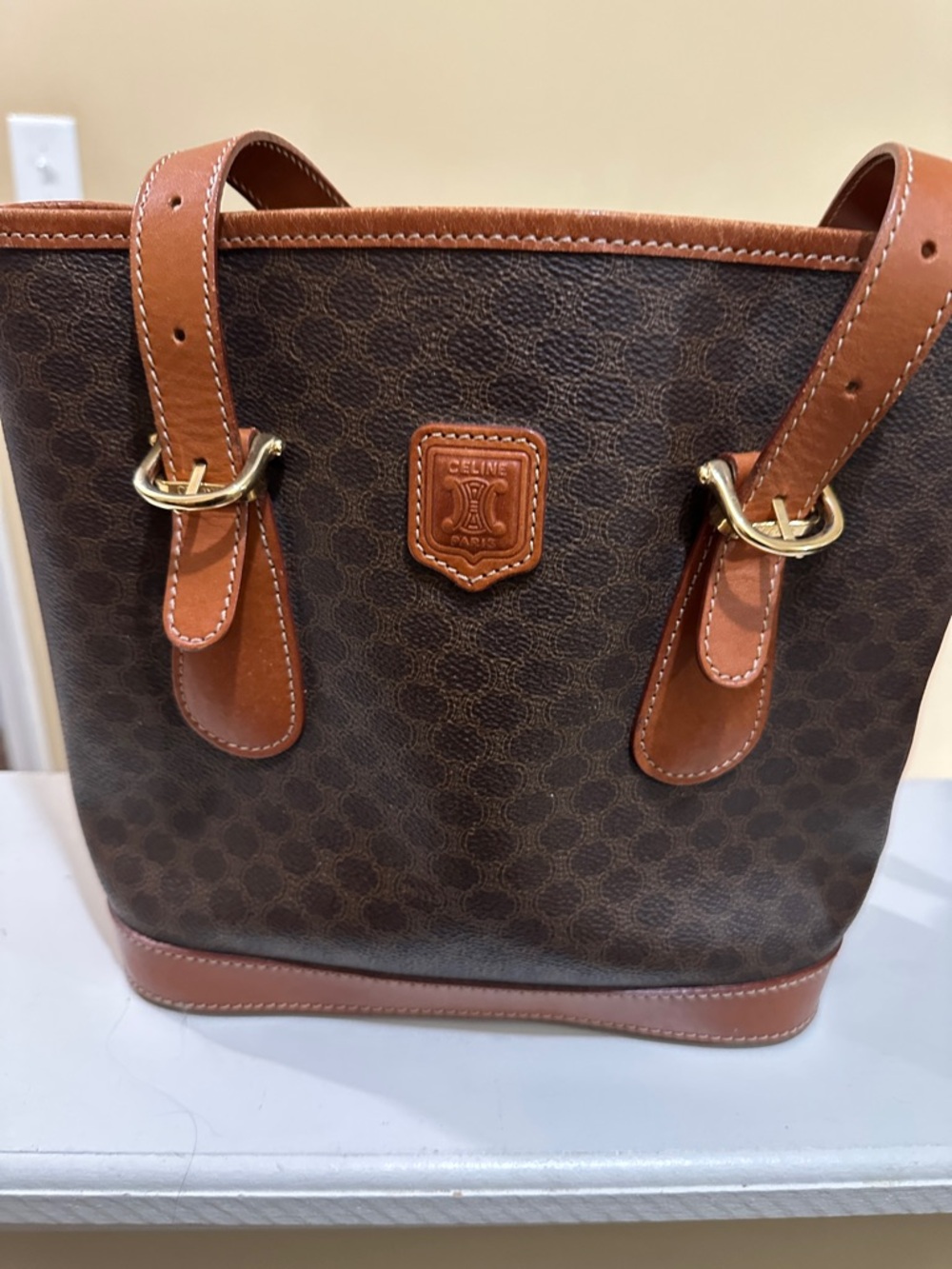 Celine Brown and Tan Monogram Bucket Tote
